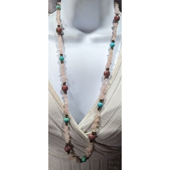 Vintage Handmade Rose Quartz Turquoise And Agate Beaded Necklace - Picture 2 of 4